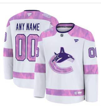 Men's Vancouver Canucks custom Fanatics White 2024 Hockey Fights Cancer Practice Jersey